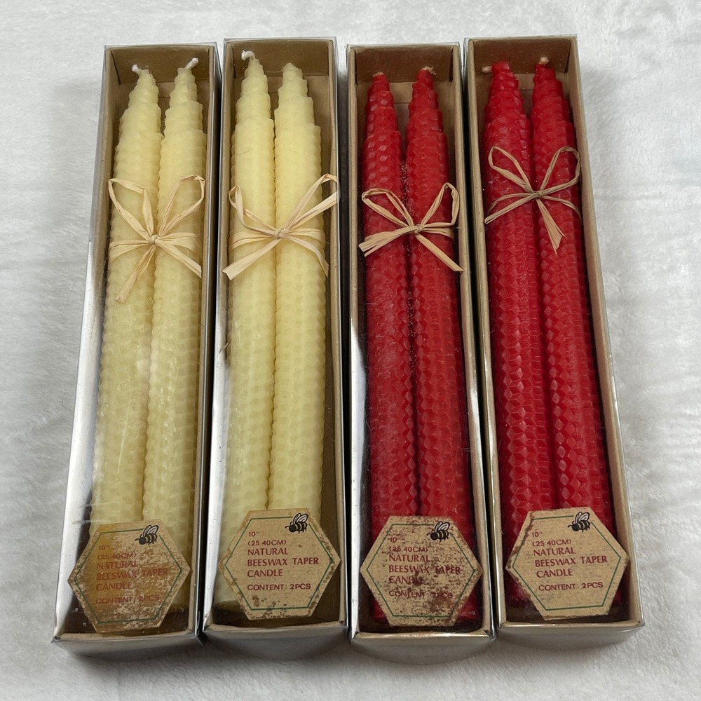 Atico International 10 Inch Natural Beeswax Taper Candles Red Cream 8pc Set